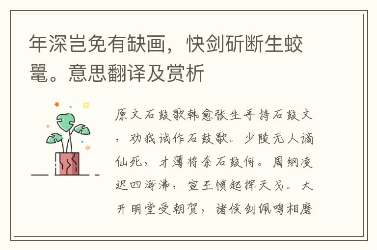 年深岂免有缺画，快剑斫断生蛟鼍。意思翻译及赏析